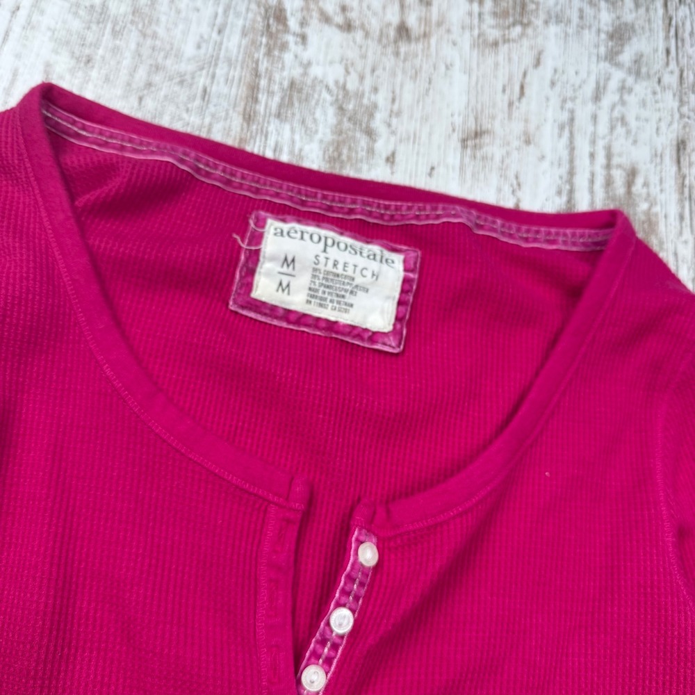 VTG Y2K Aeropostale Magenta Pink Waffle Knit Henley Long Sleeve Top M Coquette - Picture 2 of 8